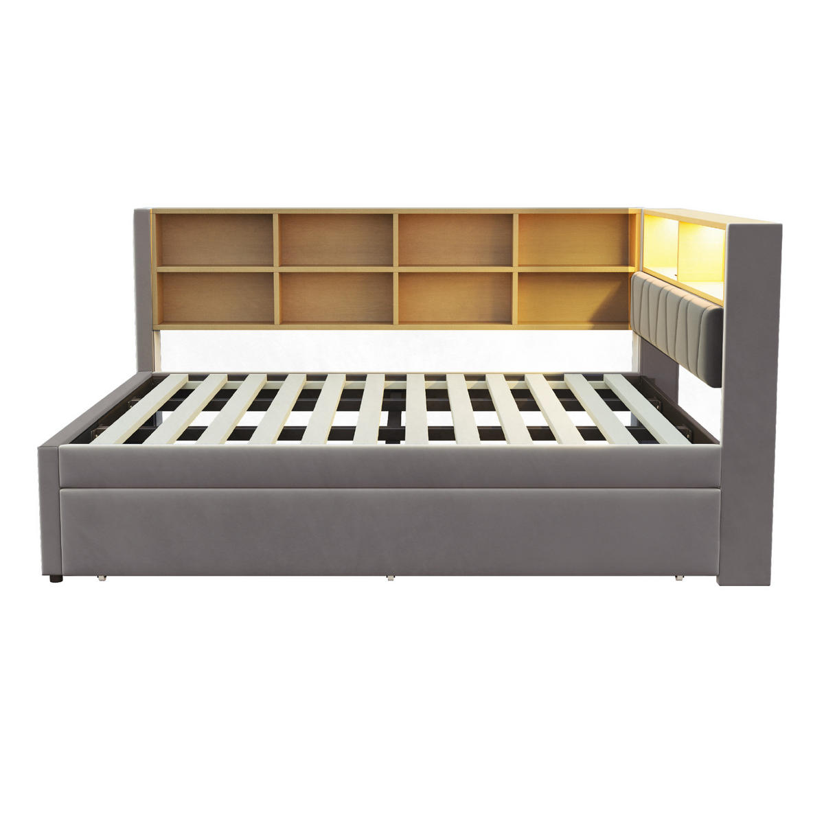 BETT 140/200 cm mit Ausziehbett 90/190 cm, LED und USB-/Type-C-Anschlüssen - Dunkelgrau, Textil (140/200cm) - Flora Grace