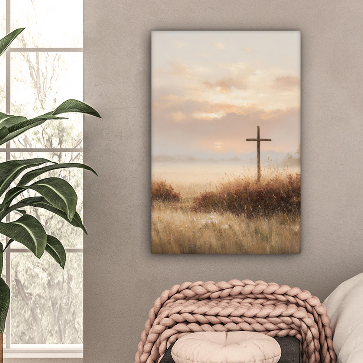 LEINWANDBILD Gras - Morgennebel - Kreuz - Christentum Wanddeko Schlafzimmer 60x90 cm - Beige, Textil (60/90cm) - MuchoWow