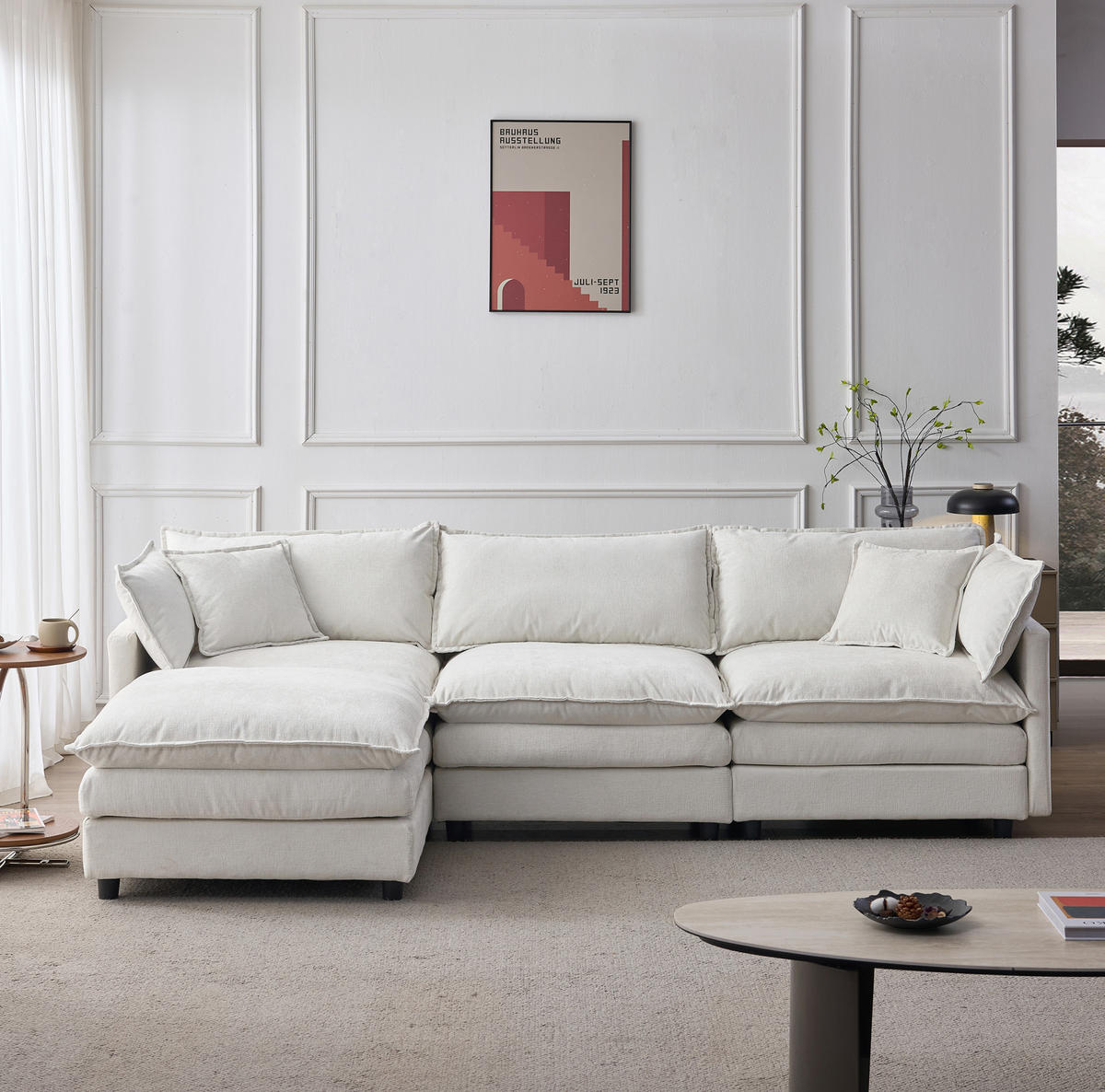 ECKSOFA 267/154/85 cm Beige aus Chenille mit Hocker modulares 3-Sitzer-Sofa - Beige, Textil (154/267cm) - OKWISH