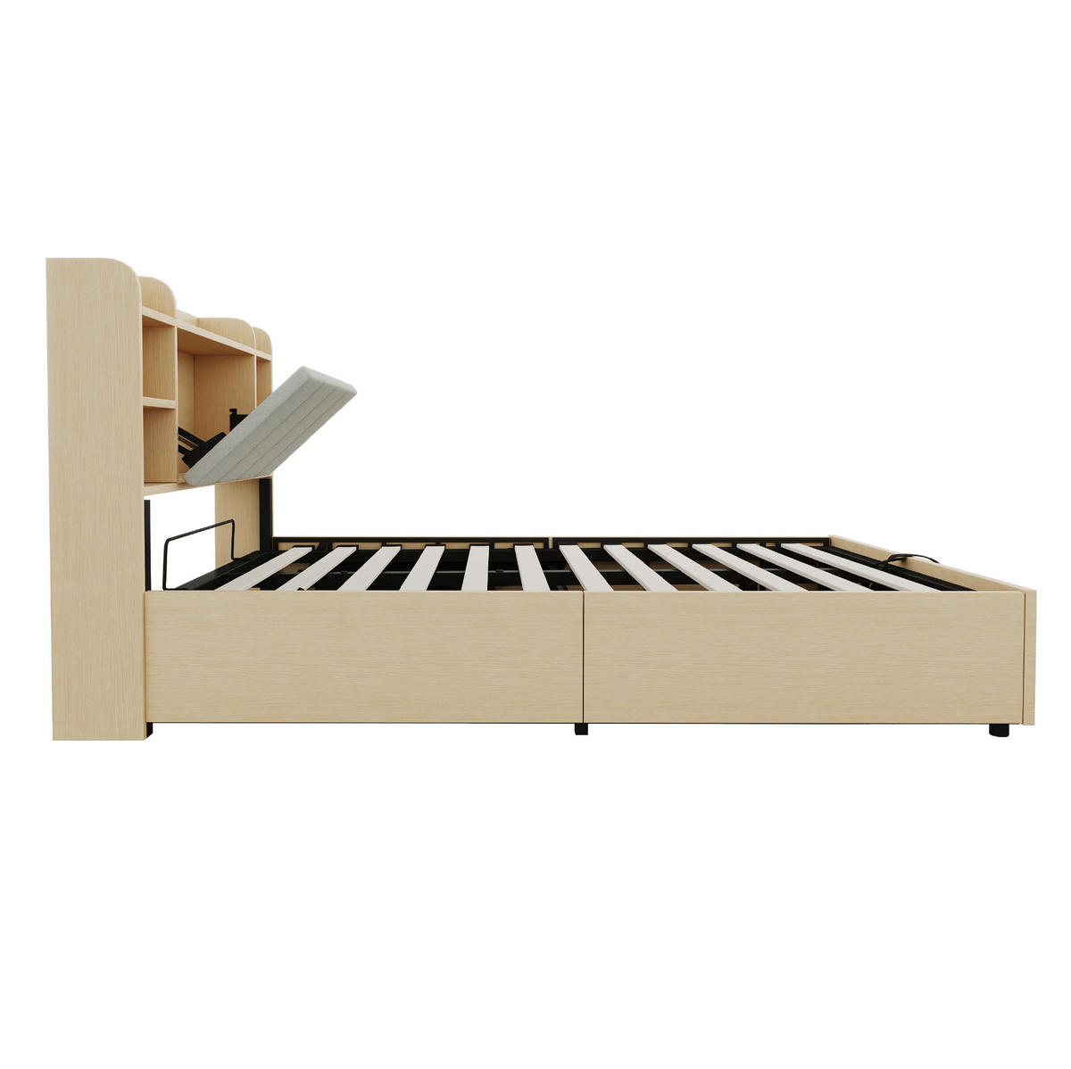 BETT 140/200 cm mit hydraulischem Bettkasten, Kopfteil mit Stauraum, USB- und USB-C-Anschluss, MDF, farbe - Naturfarben, Holzwerkstoff (140/200cm) - Redom