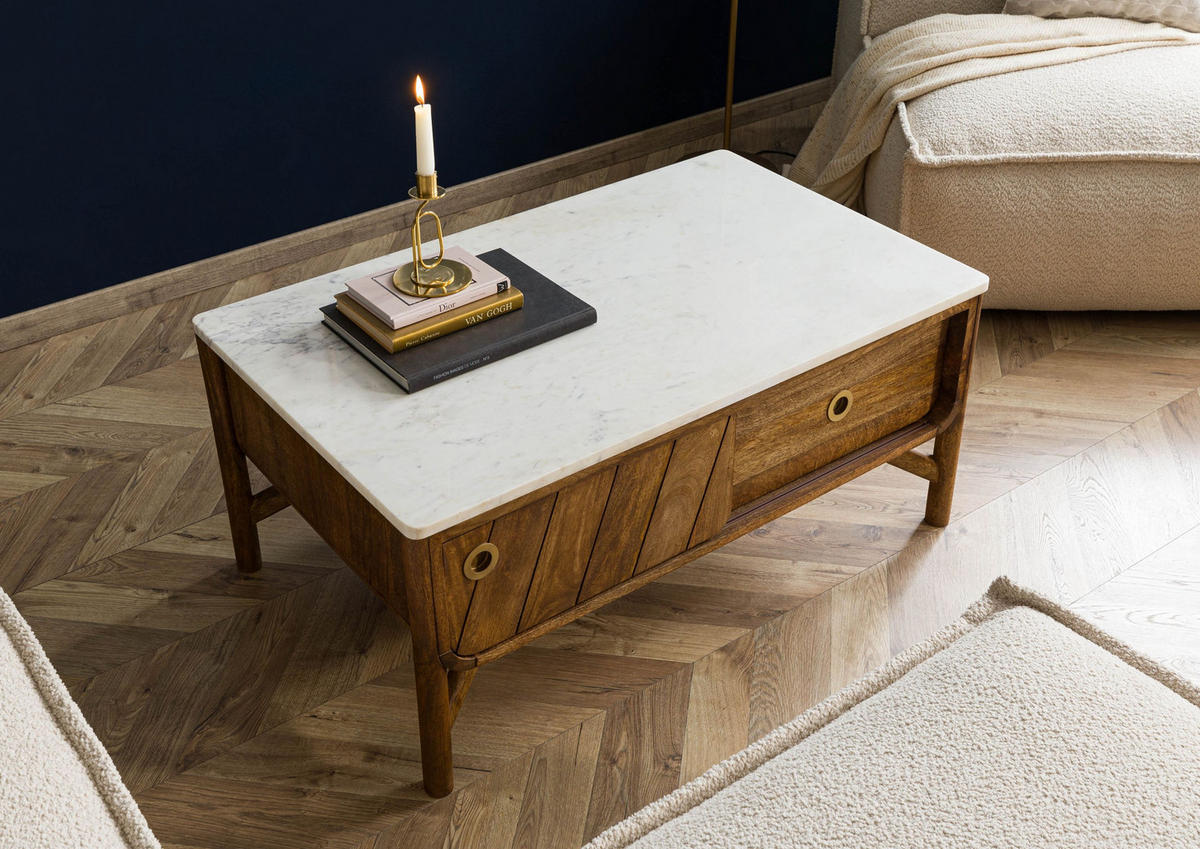 COUCHTISCH Mango 100x60x45 braun geölt / echter Marmor LOS ANGELES #05 - Braun/Weiß, Holz (100/60/45cm) - Massivmoebel24