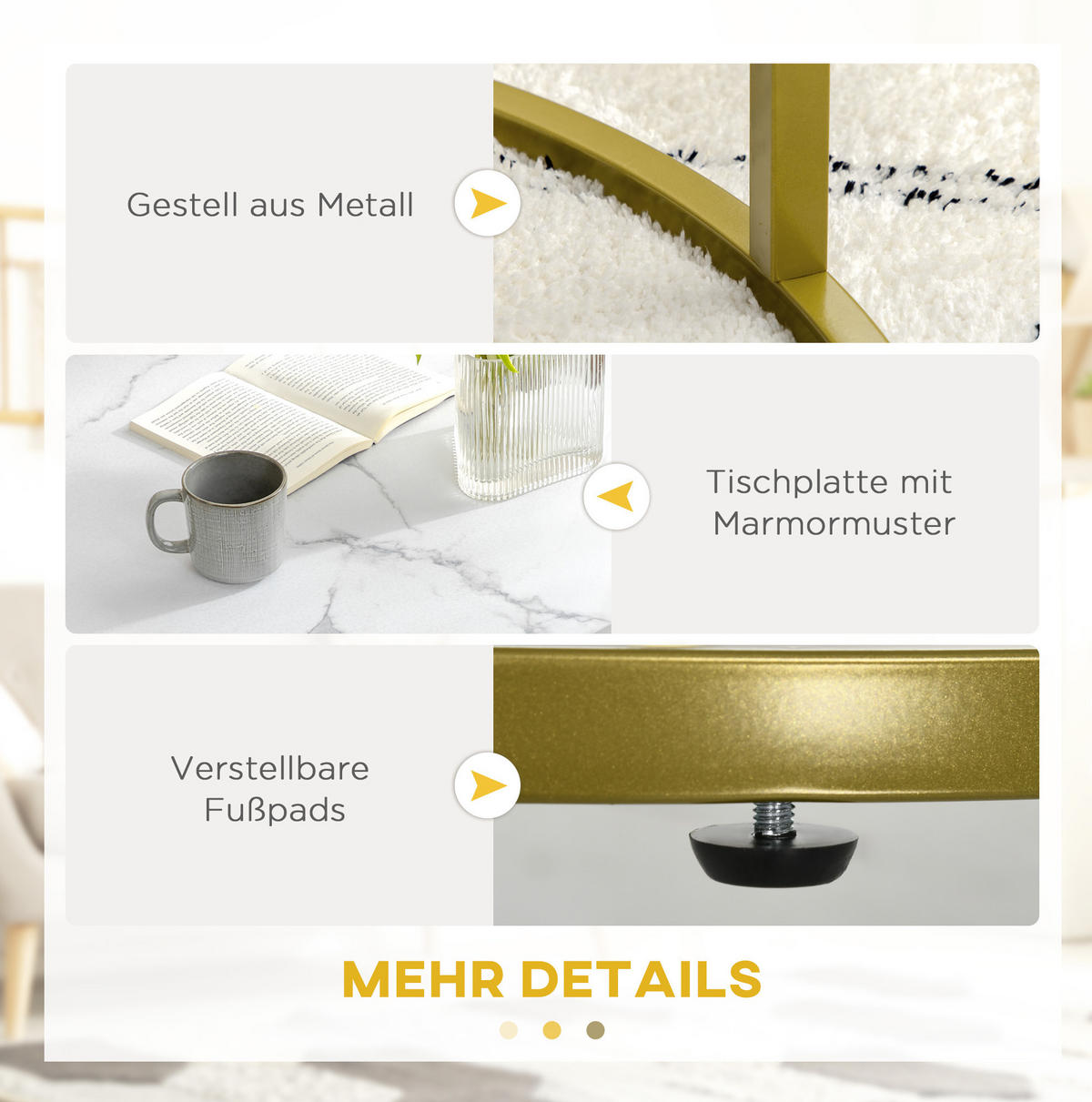 COUCHTISCH-SET 74/74/46,3 cm stapelbar mit Stahlgestell in Gold und Marmoroptik, Weiß - Weiß, Metall (74/74/46.3cm) - Redom