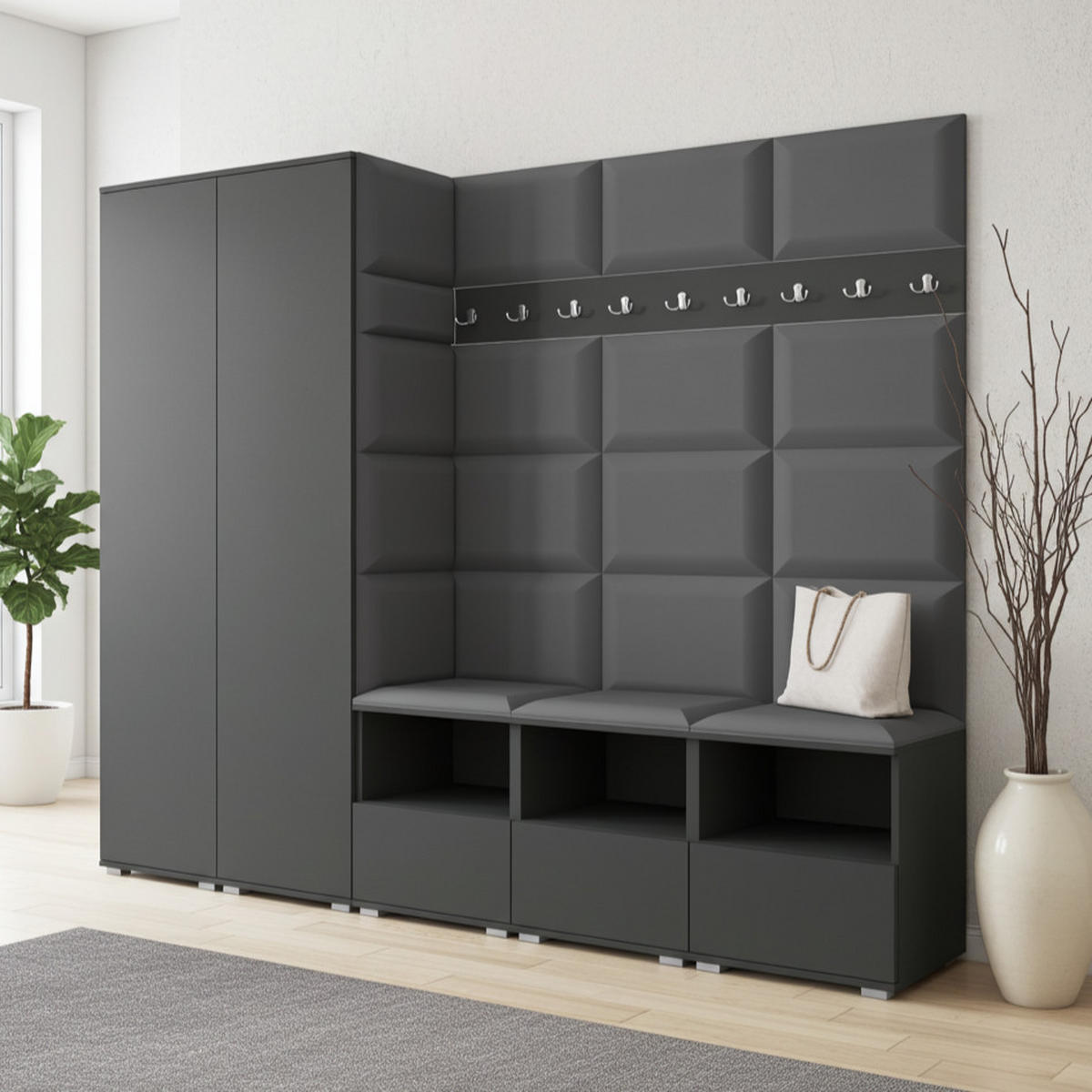 GARDEROBE NELA VII 250 cm (Modulare Flurmöbel XL Graphit mit Sitzpolster Dunkelgrau 15 2 Schränke) - Dunkelgrau/Silberfarben, Holz/Holzwerkstoff (250/187/40cm) - Ravio