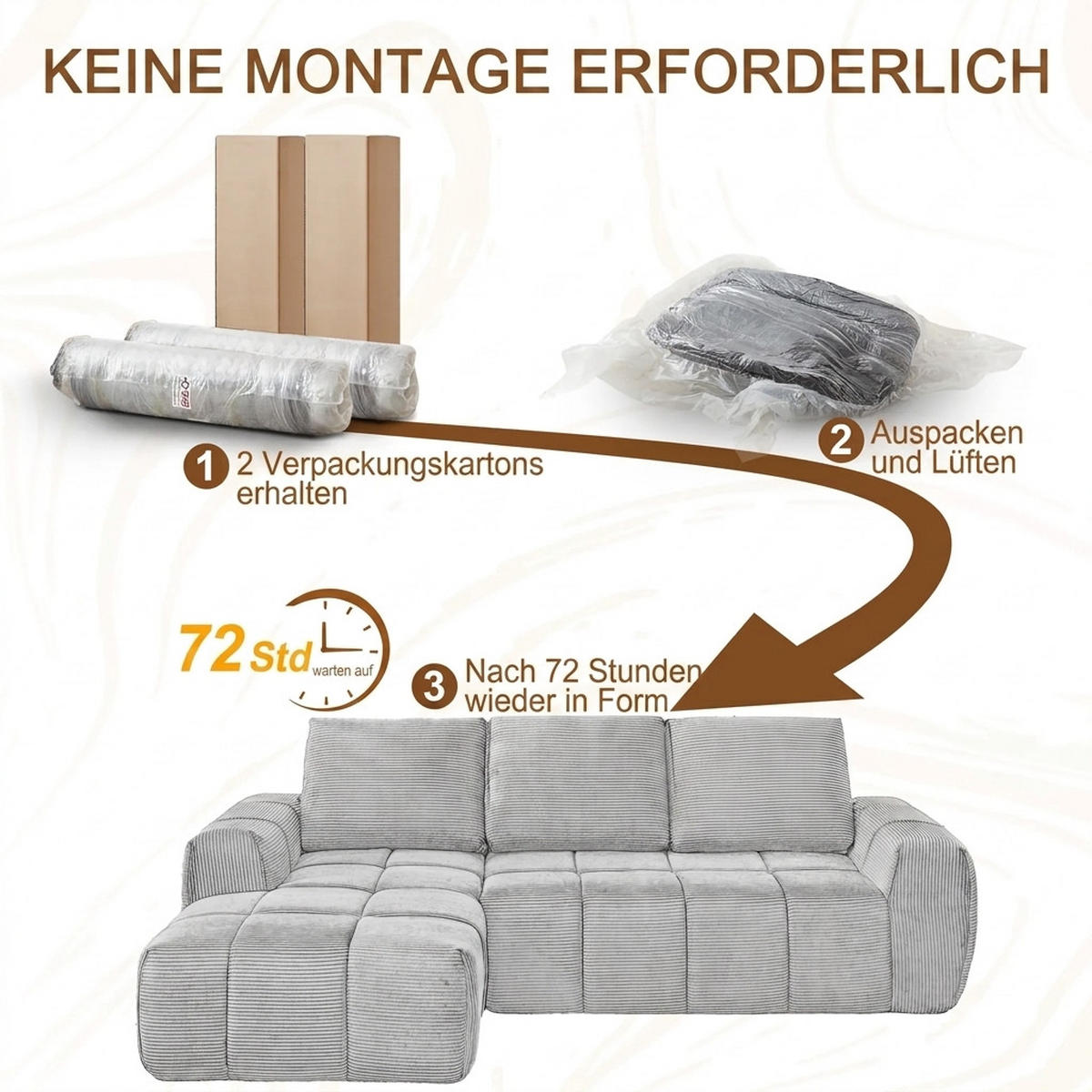ECKSOFA 255/162/84 cm Beige Cord mit abnehmbaren Kissen, Linke Seite - Beige, Textil (255/162cm) - Oxeza