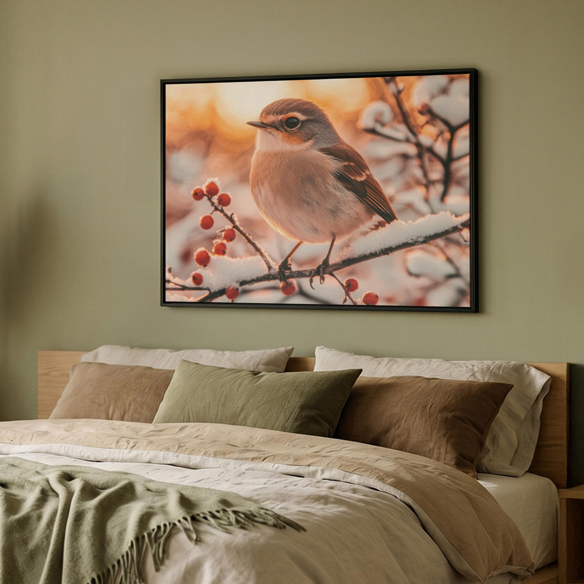 LEINWAND Bilder mit Rahmen - Vogel - Zweig - Winter - Tiere - Schnee - 100x70 - Bernsteinfarben, Textil (100/70cm) - MuchoWow