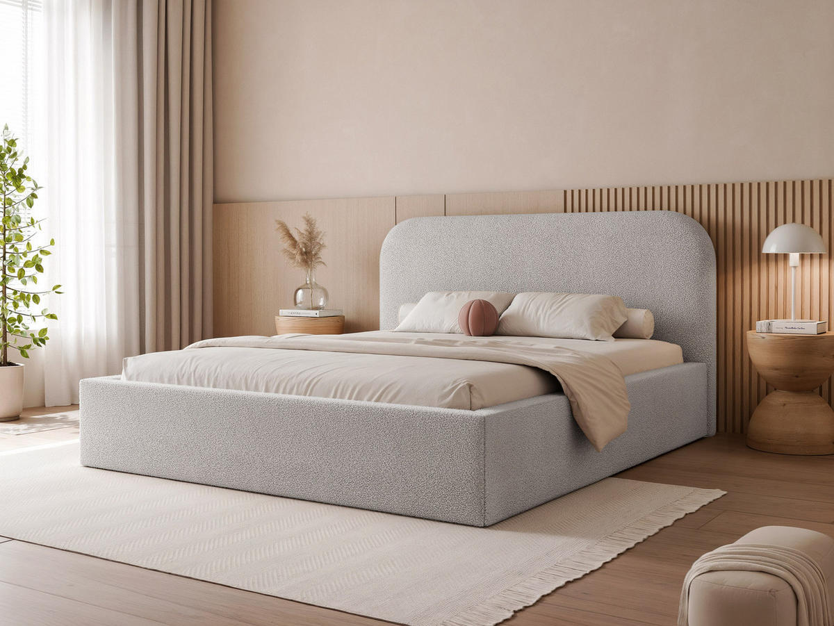 POLSTERBETT FUZZI 180x200 cm Grau Bouclé (Stoff Now or Never) - mit Bettkasten und Lattenrost - Grau, Holzwerkstoff/Textil (180/200cm) - Ravio