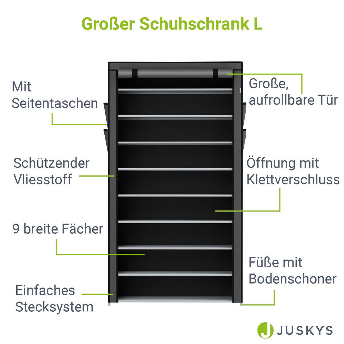 SCHUHREGAL mit Seitentaschen 160 x 88 cm grau - Grau, Textil (88/160/28cm) - Juskys