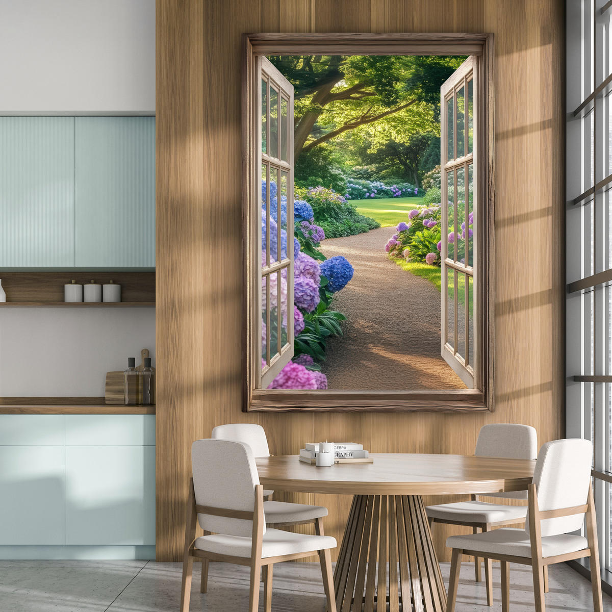 LEINWANDBILD Aussicht - Garten - Fenster - Hortensie - Blumen 90x140 cm - Pastellblau, Textil (90/140cm) - MuchoWow