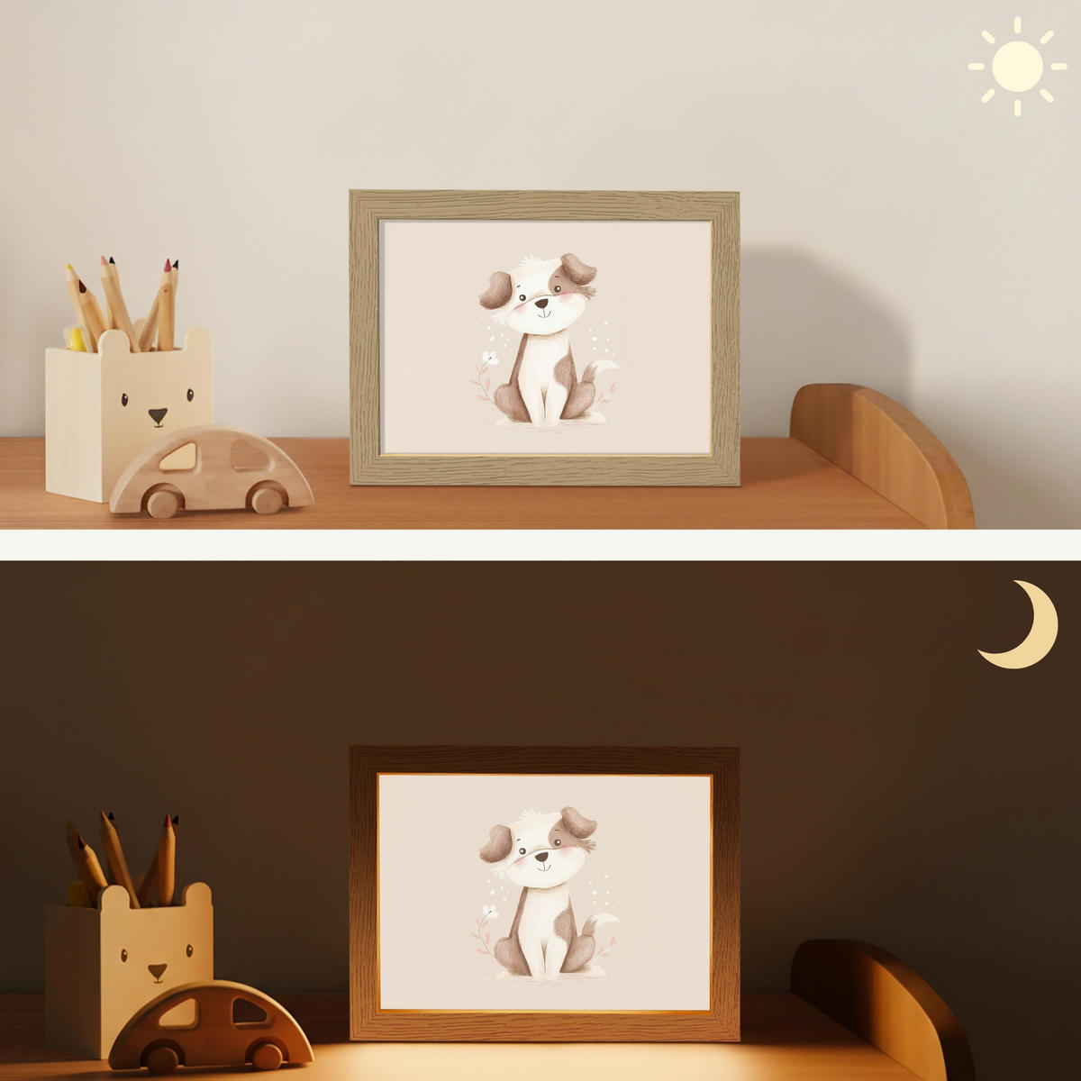 NACHTTISCHLAMPE Hund - Gefleckt - Braun 20x15 cm - Beige, Holzwerkstoff (8/20/15cm)