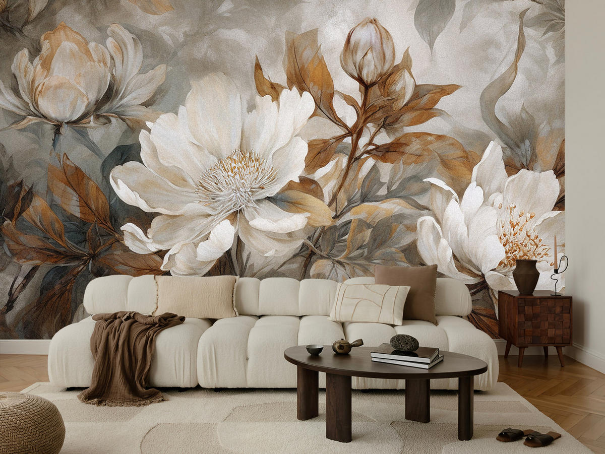 FOTOTAPETE für Wohnzimmer Blätter Abstrakte Blüten Pflanzen Retro 500x350 - Grau, Papier (500/350cm) - Muralo
