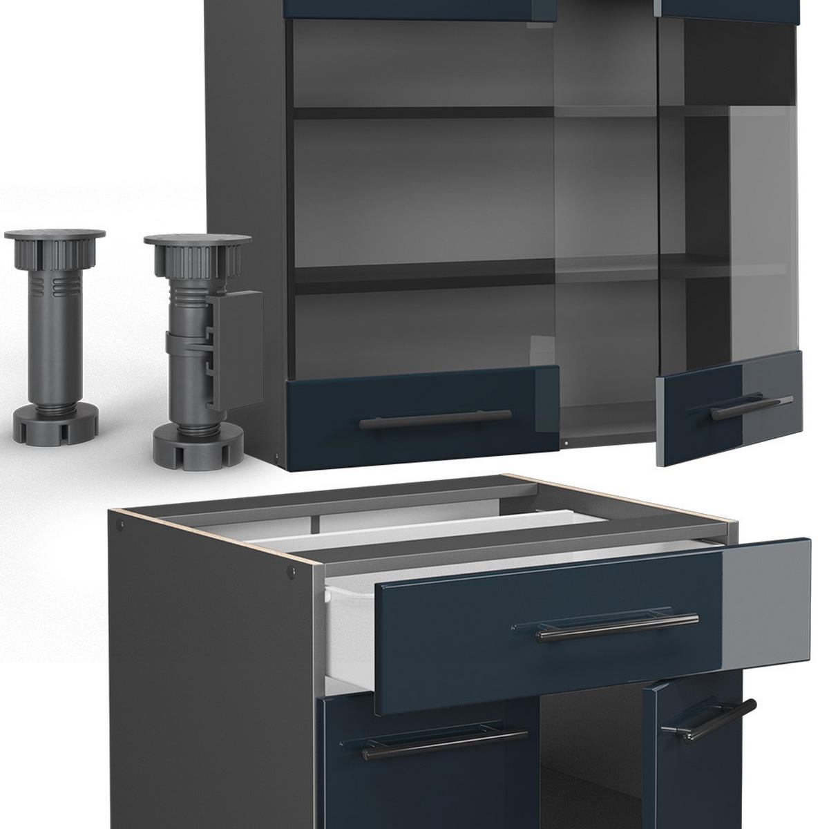 SINGLEKÜCHE Fame-Line Dunkelblau Hochglanz/Anthrazit 140 cm, AP Eiche - Anthrazit/Dunkelblau, Holzwerkstoff (140/81.6/60cm) - Vicco