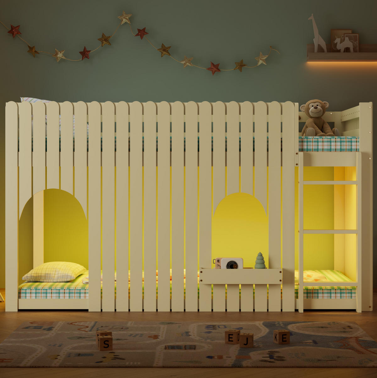 HOCHBETT Natur 90/200 cm mit LED und Leiter ohne Matratze - Naturfarben, Holz (90/200cm) - MIVRAY
