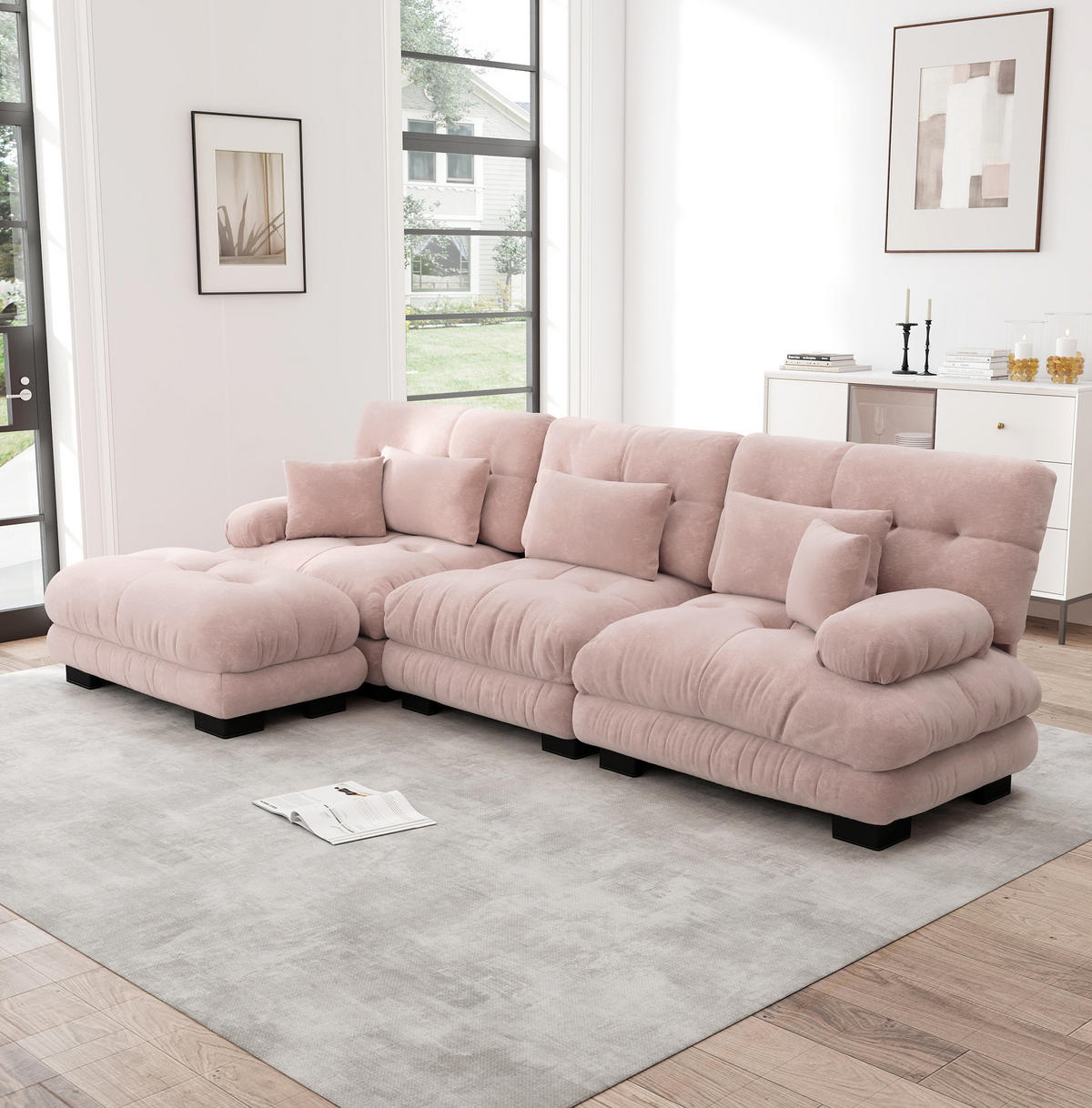 ECKSOFA 313/145/81 cm in Rosa aus Chenille mit Ottomans und modularer Form - Pink, Textil (145/313cm) - Flora Grace