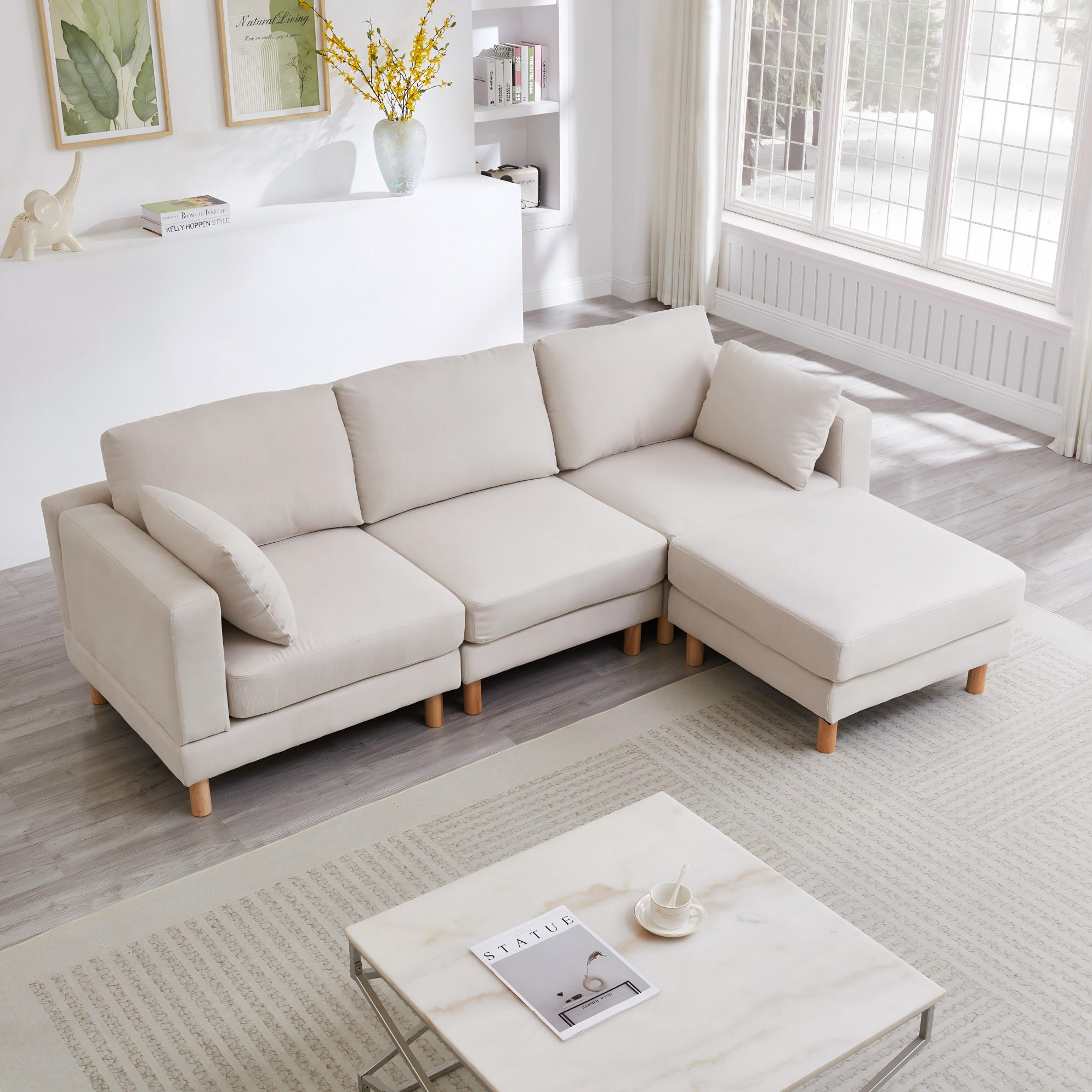 ECKSOFA 235/152/78 cm mit Hocker und flexibel montierbarer Chaiselongue, skandinavisches Design, Beige - Beige, Kunststoff (235/152cm) - Redom