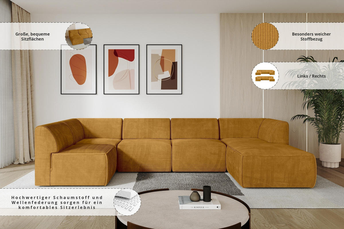 WOHNLANDSCHAFT Ottomane Rechts MOVO-L 345x180x78 cm Senffarbe Cord - Currygelb/Dunkelgelb, Holzwerkstoff/Kunststoff (345/78/180cm) - ALTDECOR