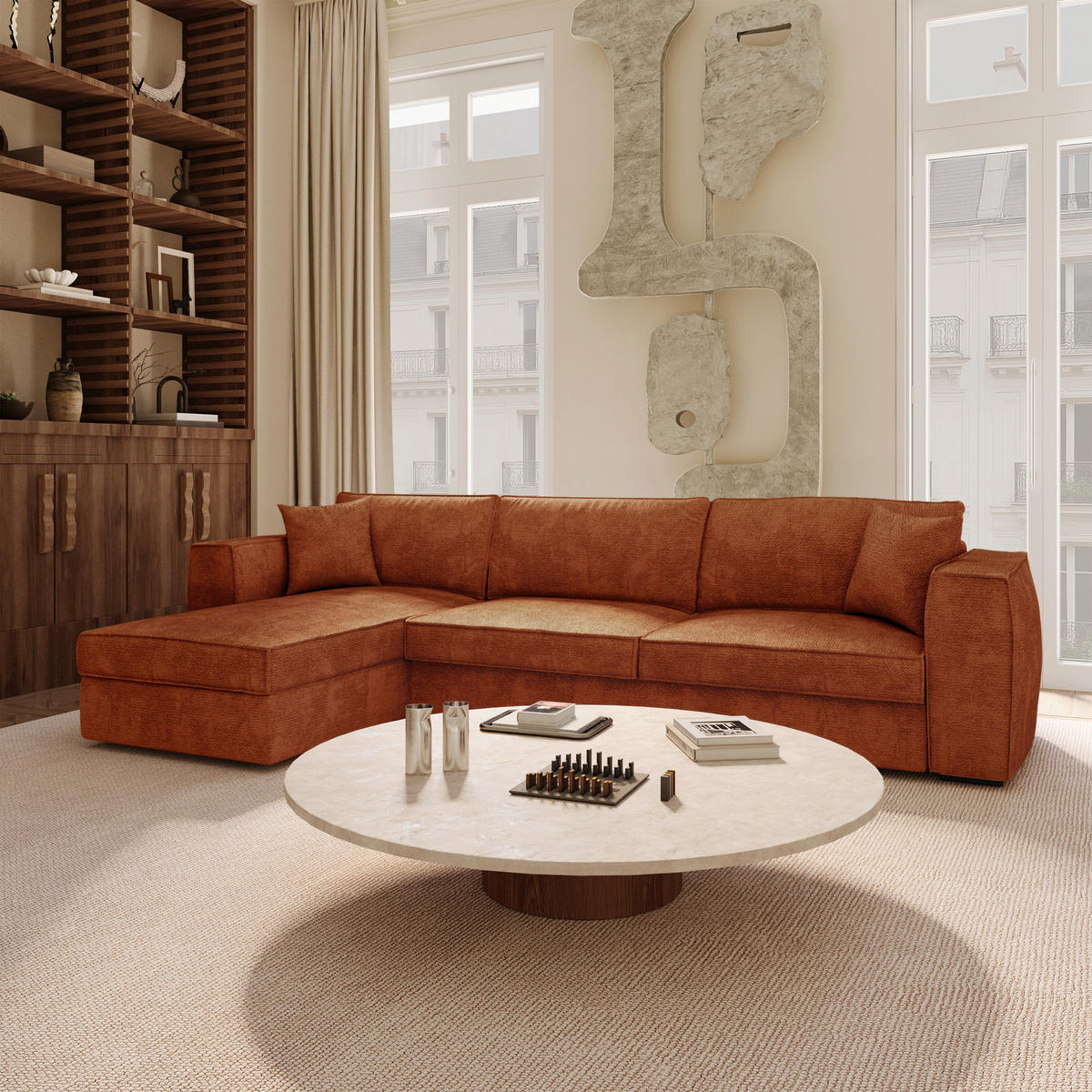 LINKSECK-SCHLAFSOFA MIKA Kettgewebe mit weichem Griff Terrakotta 292cm - Dunkelorange/Terracotta, Textil (292/100cm) - Premium Interiors