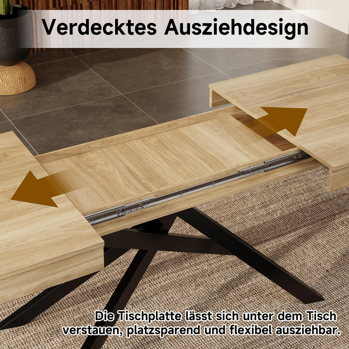 ESSTISCH in Eiche ausziehbarer Küchentisch mit verdickter Tischplatte und Metallbeinen für Esszimmer ,B140-180/T80/H76cm - Eichefarben/Schwarz, Holzwerkstoff/Metall (80/180/76cm) - STILVORA