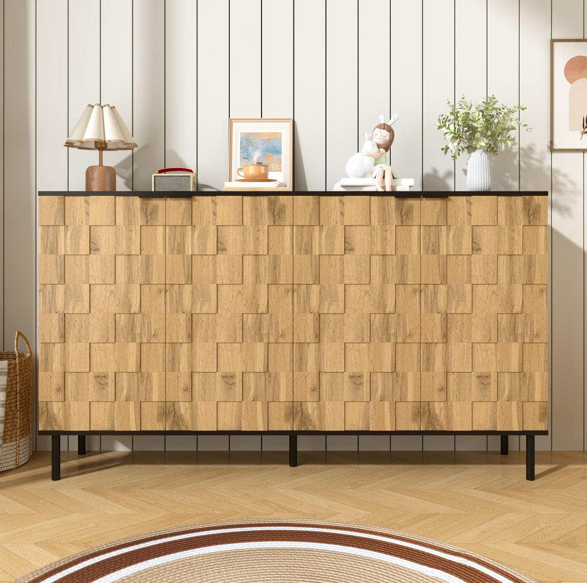SIDEBOARD 160/35/80,5 cm in Natur mit 2 Türen und Mosaik-Front - Naturfarben, Holzwerkstoff (160/80/35cm) - Flora Grace