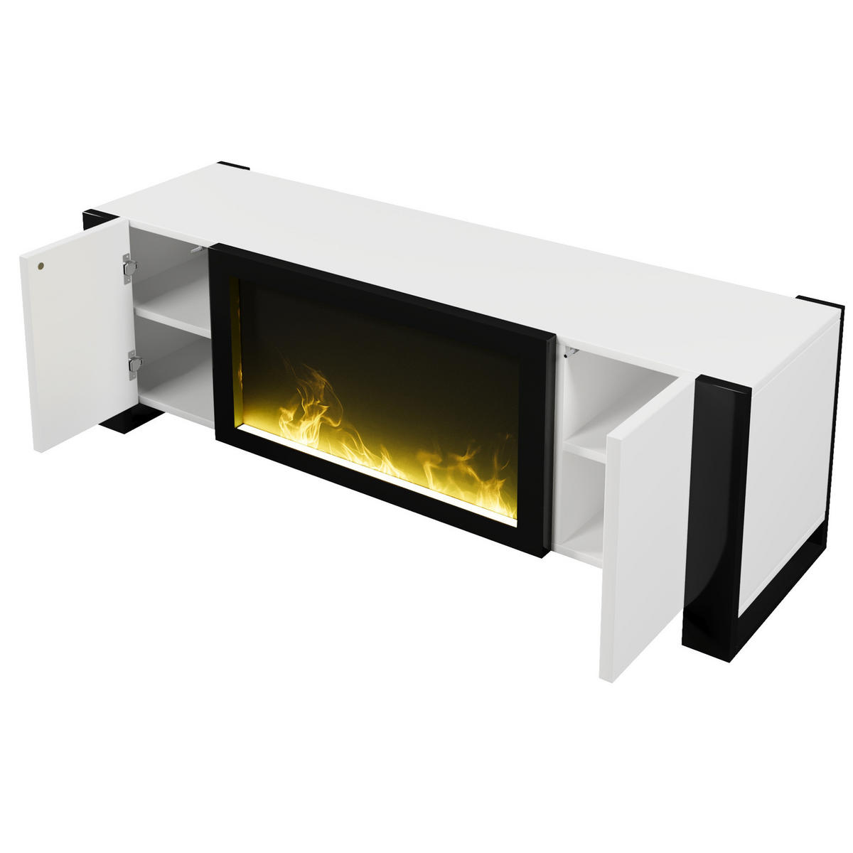 TV-LOWBOARD 165/32/55 cm mit Elektrokamin und Push-to-Open - Schwarz, Holzwerkstoff (165/55/32cm) - BEAOK