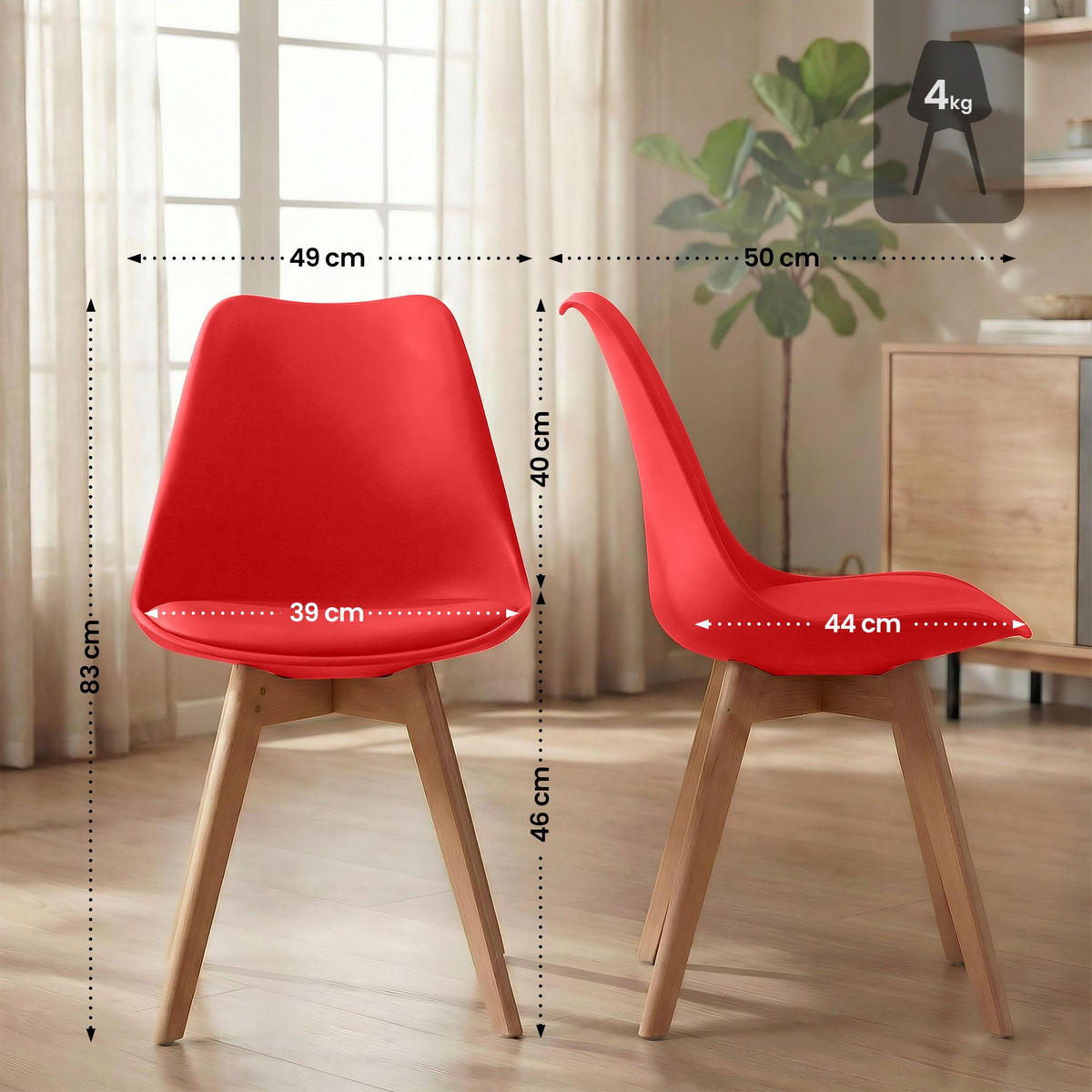 STUHL 4 Kunststoff Rot - Eukalyptusholzfarben/Rot, Holz/Kunststoff (49/83/50cm) - CLP