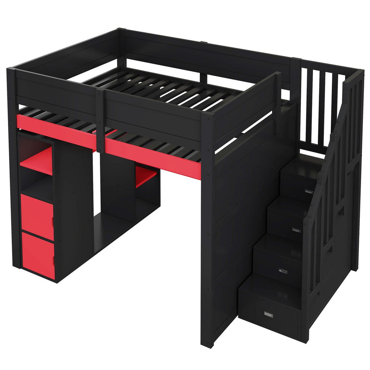 HOCHBETT mit Schreibtisch 140/200 cm in Schwarz/Rot – mit Stauraum und LED - Schwarz, Holzwerkstoff (140/200cm) - BEAOK