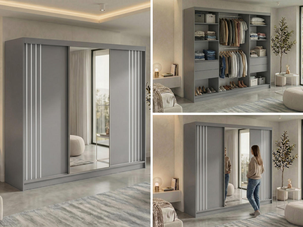 SCHWEBETÜRENSCHRANK mit Lamellen, Spiegel und Schubladen DIANA - 240 - Grau und Weiß - Alufarben/Weiß, Holzwerkstoff/Metall (240/216/61cm) - MKS