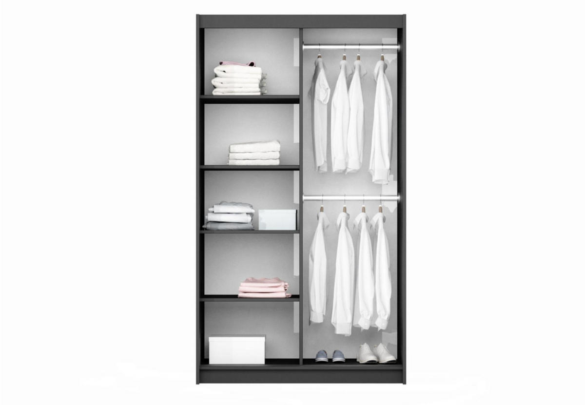 KLEIDERSCHRANK Govi 120 Graphit, zweitüriger Schiebeschrank mit Spiegel - Graphitfarben, Holzwerkstoff (122/215/65cm) - Bettso