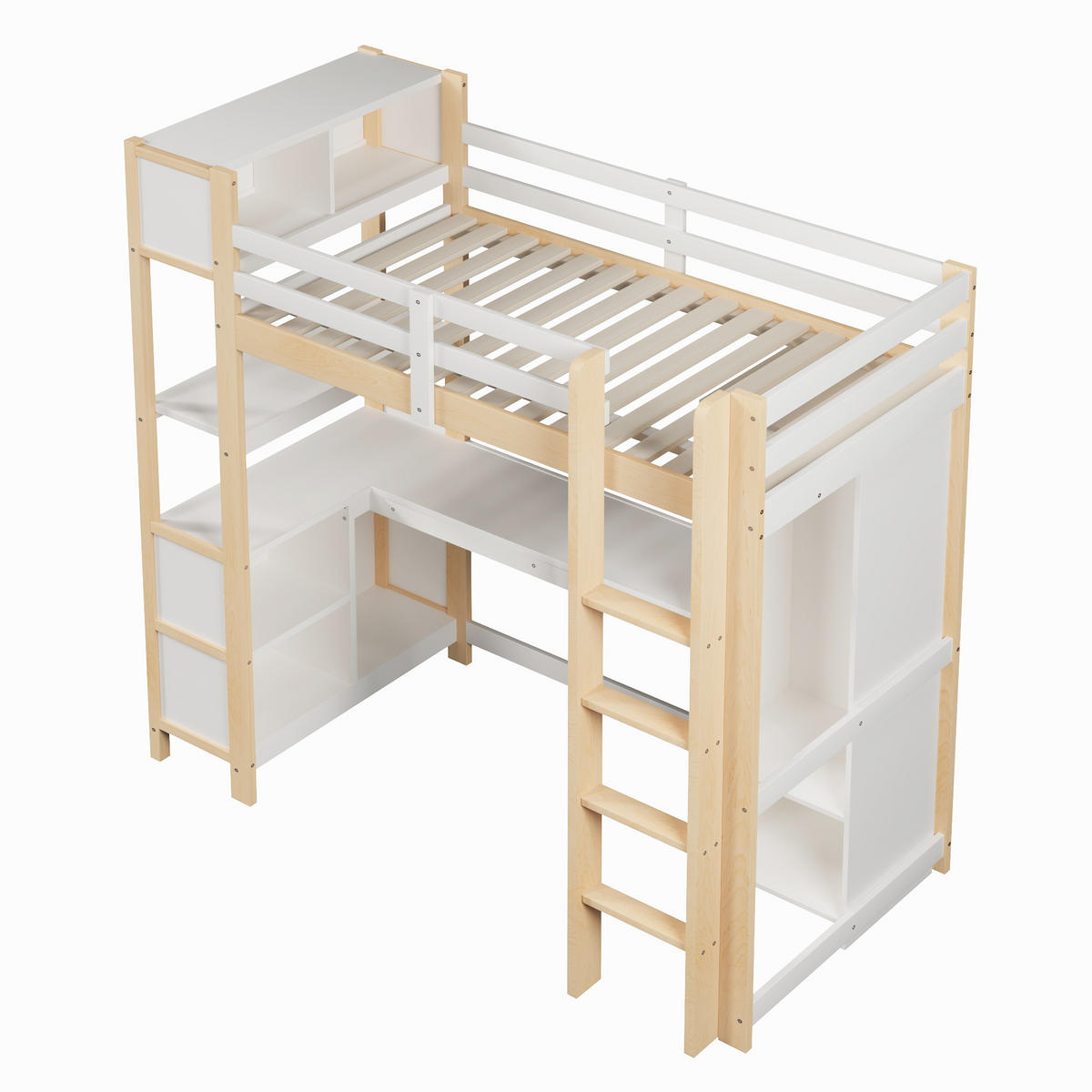 HOCHBETT 90/200 cm in Weiß/Natur mit Schreibtisch, Regalen und Kleiderschrank aus Kiefer - Naturfarben, Holz/Holzwerkstoff (90/200cm) - CHICFURN