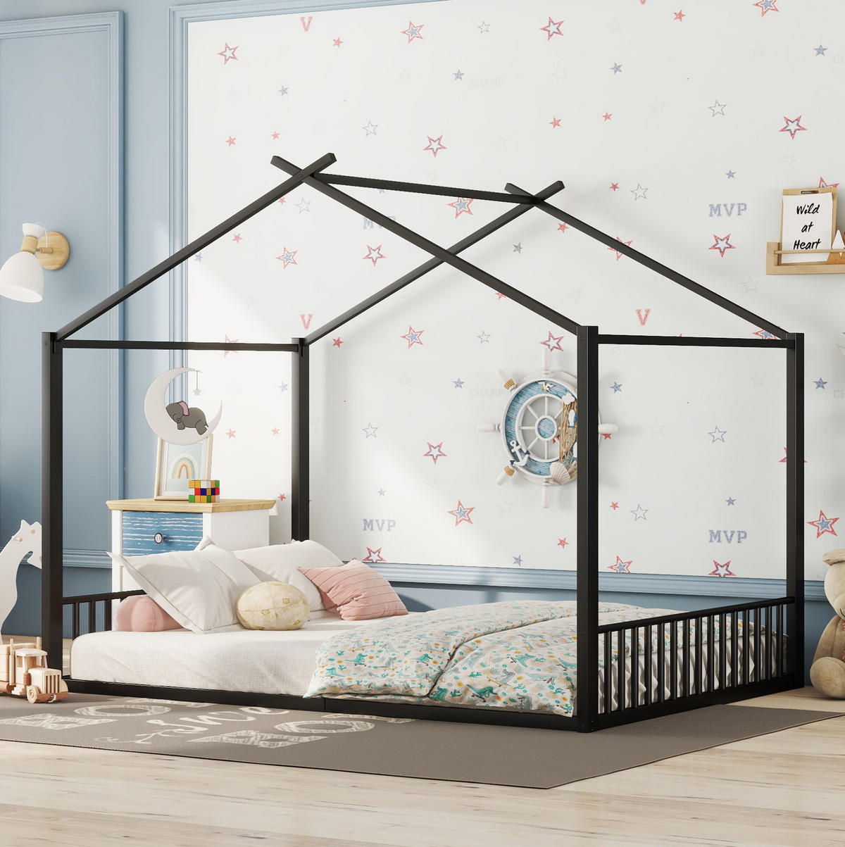 KINDERBETT aus Metall 140x200 cm Schwarz in Hausform mit 14 Lattenrosten - Schwarz, Metall (140/200cm) - IVMEU