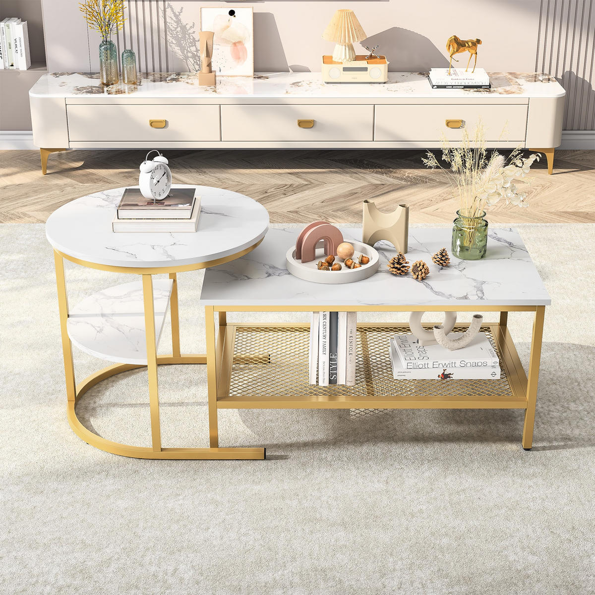 COUCHTISCH-SET 2-teilig Marmor-Optik mit goldenem Metallrahmen - Weiß, Metall (132/52/51cm) - DELFA