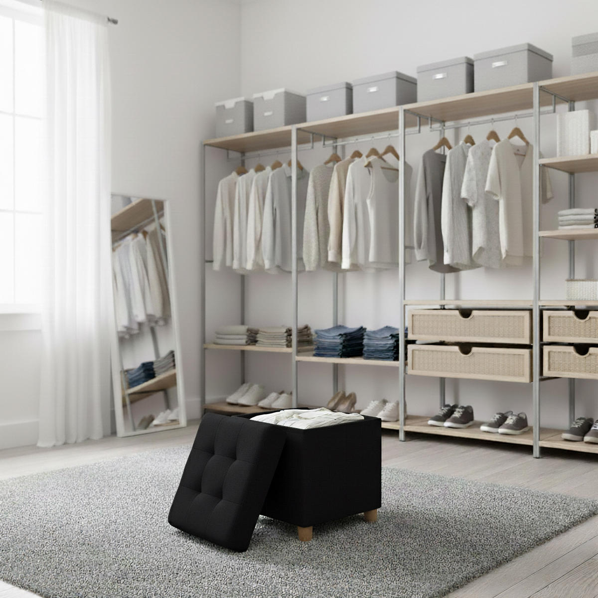 HOCKER Schwarz mit Stauraum Leinenoptik Holzfüße - Schwarz, Holzwerkstoff/Textil (38/38/38cm) - Relaxdays