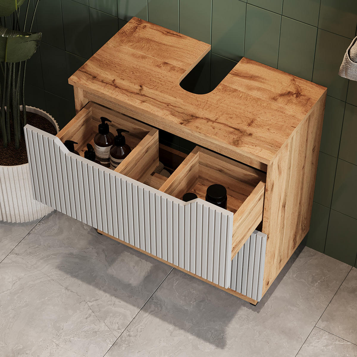 BADMÖBEL-SET Lotta Eiche/grau gestreift 4 Teile - Eichefarben/Grau, Holzwerkstoff (59.8/62.5/32cm) - Vicco