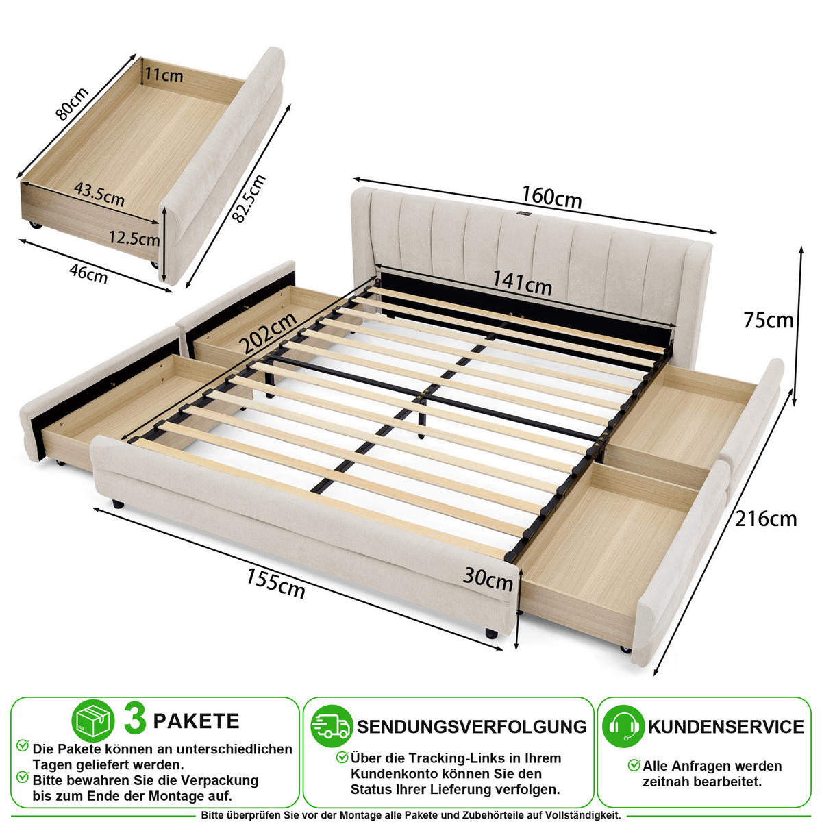 ČALOUNĚNÁ POSTEL 140/200 cm v béžové barvě se 4 zásuvkami, USB a USB-C - béžová, kov/kompozitní dřevo (140/200cm) - CHICFURN