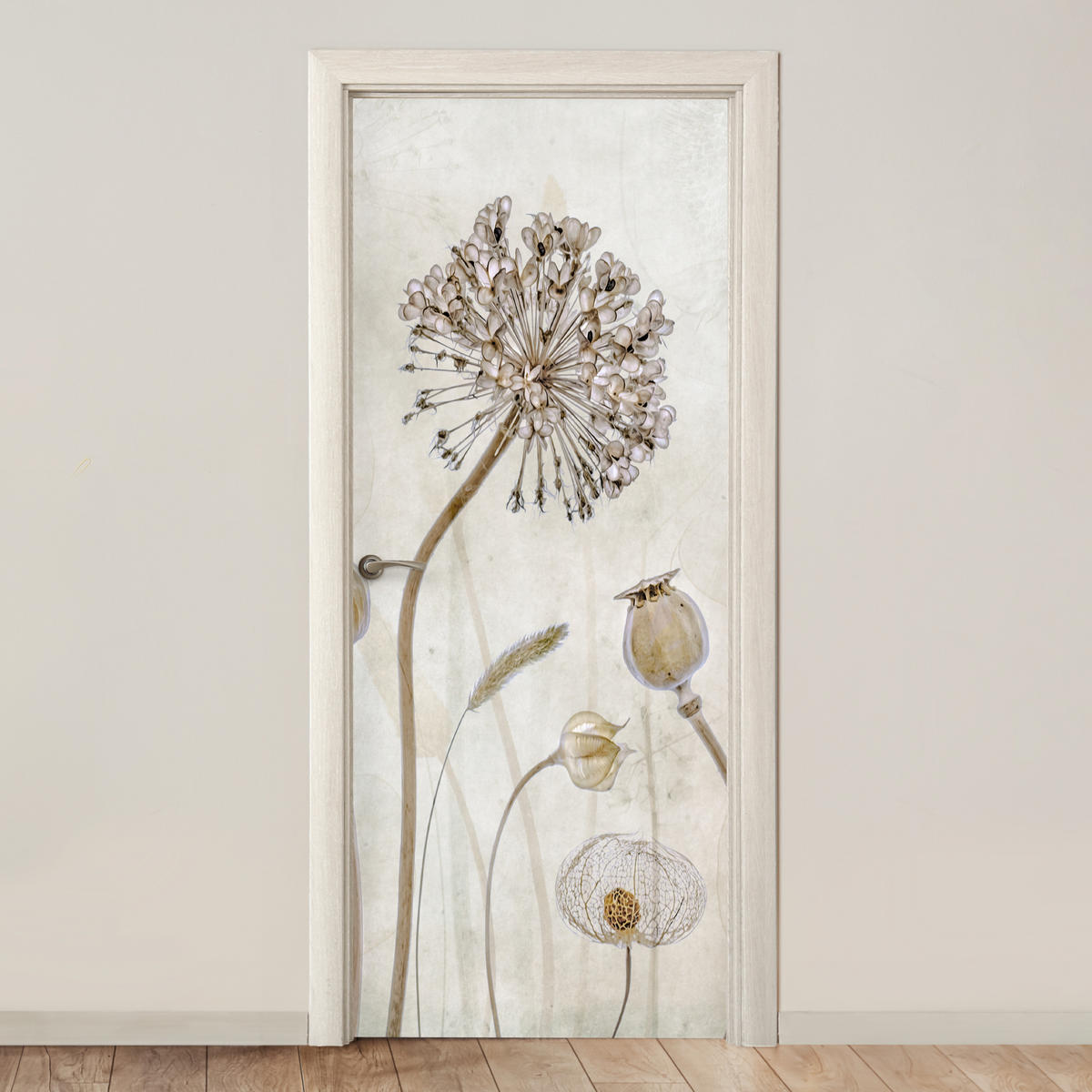 TÜRAUFKLEBER Blumen - Aquarell - Stilleben - Braun - Vintage 85x215 cm - Türtapete - Ecru, Kunststoff (85/0.1cm) - MuchoWow