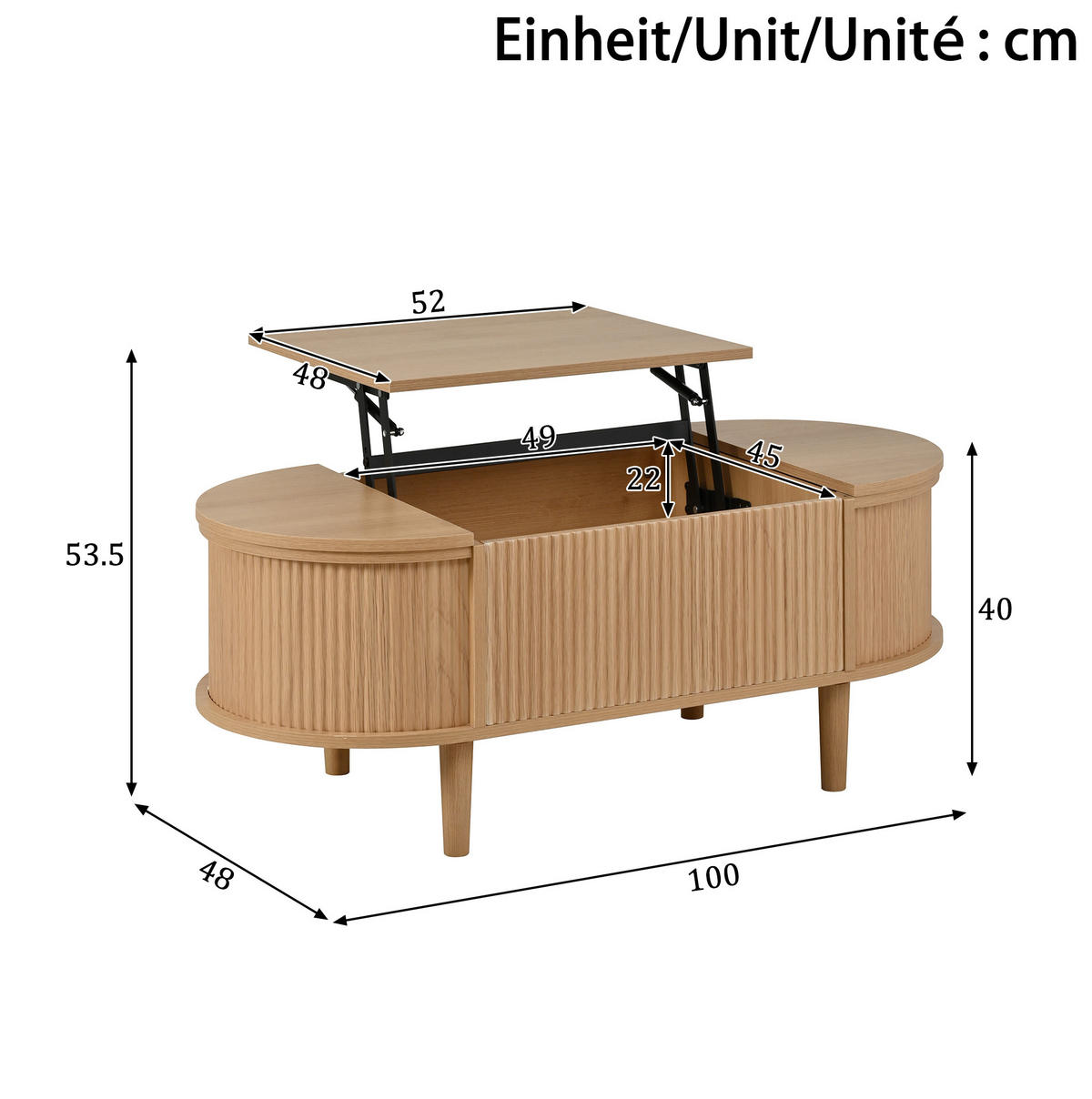 COUCHTISCH 100/48/53,5 cm mit höhenverstellbarer Tischplatte und Stauraum, Eiche - Eichefarben, Holzwerkstoff (100/48/53.5cm) - Redom