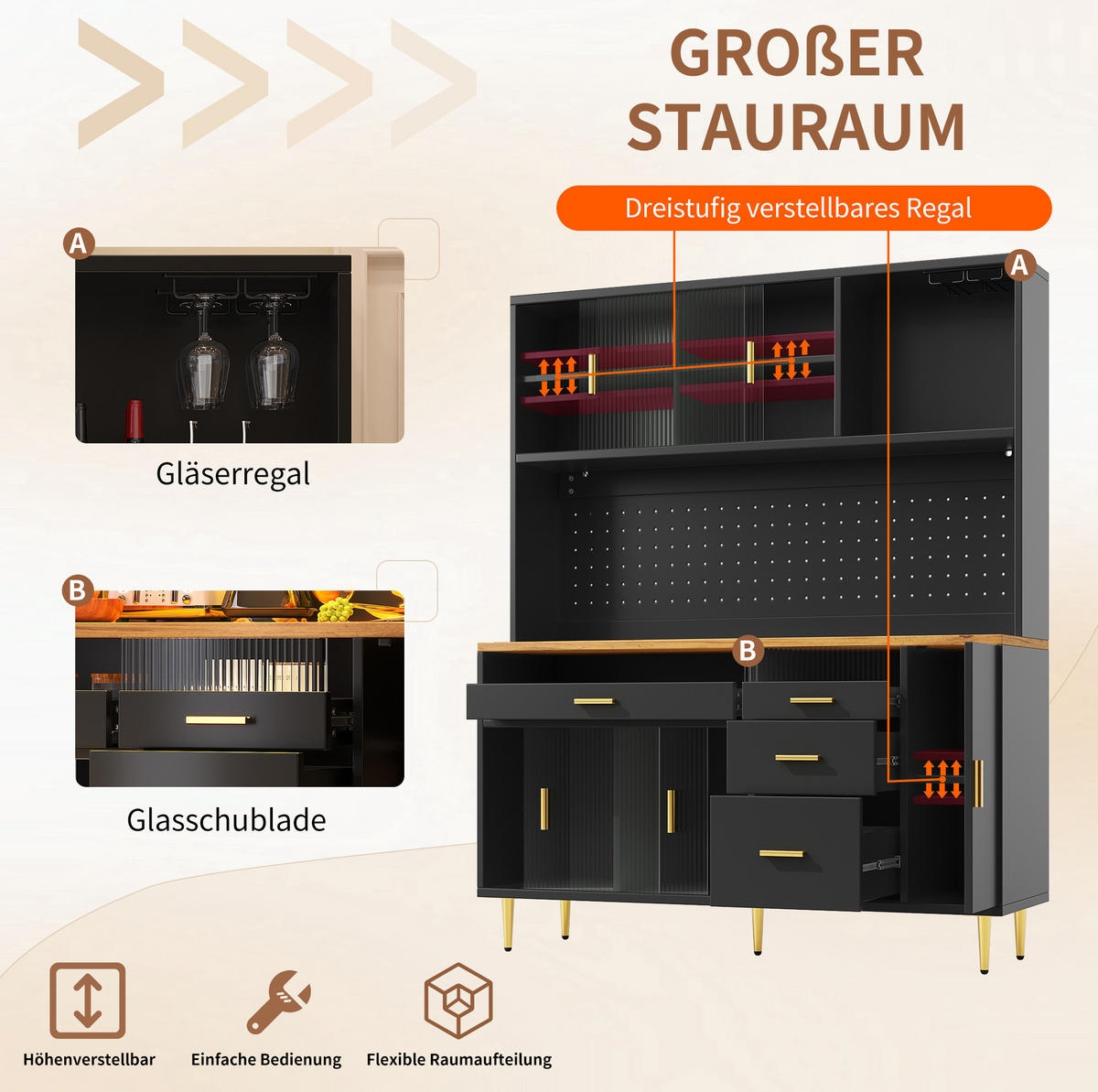 BUFFET 145/39/171 cm schwarz aus MDF und Glas mit LED - Schwarz, Glas (145/171/24cm) - OKWISH