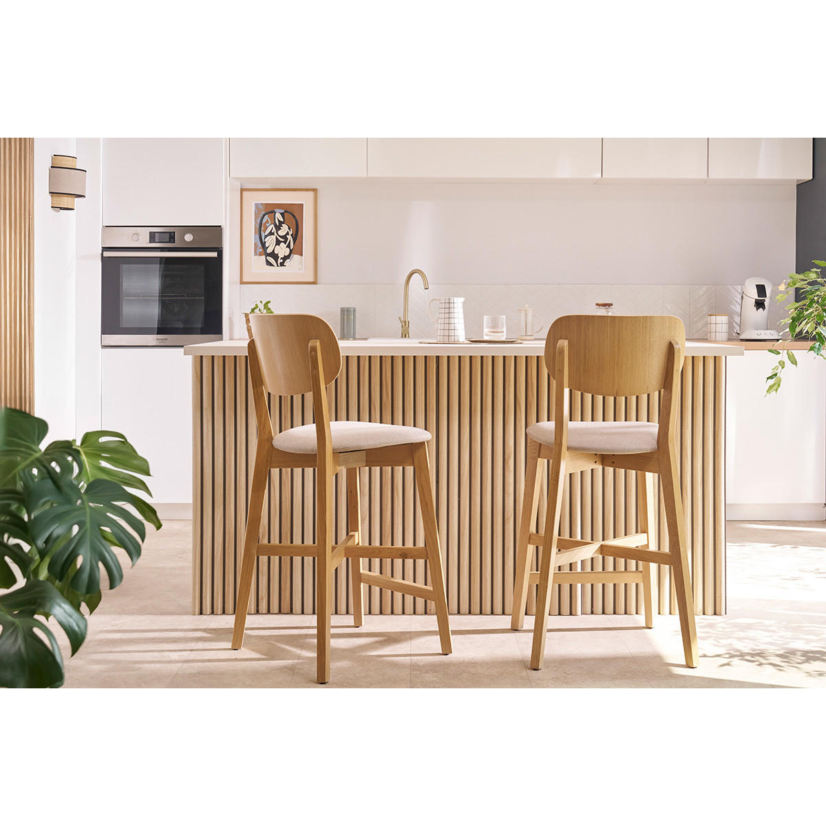 BARHOCKER Helles Eichenholz Stoff Samteffekt Terracotta H65 cm 2er-Set LUCIA - Terracotta, Holz (54/102/43cm) - Miliboo