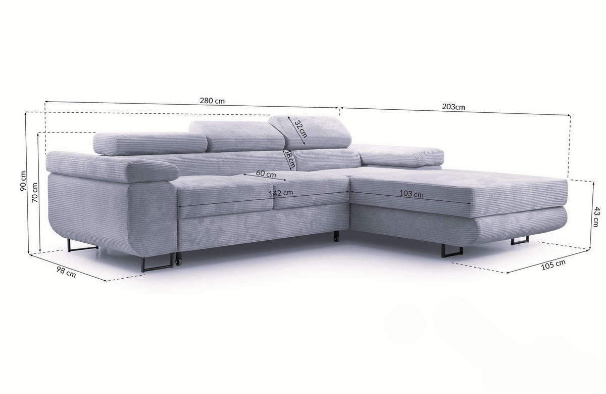 ECKSOFA GIULIO Orange Velours-Stoff mit Schlaffunktion - Orange, Holz (280/203cm) - MASSENO