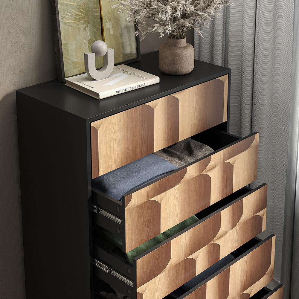 KOMMODE Eliza Schwarz/Eiche 76 x 120 cm mit 5 Schubladen - Eichefarben/Schwarz, Holzwerkstoff (76/120/40cm) - Vicco