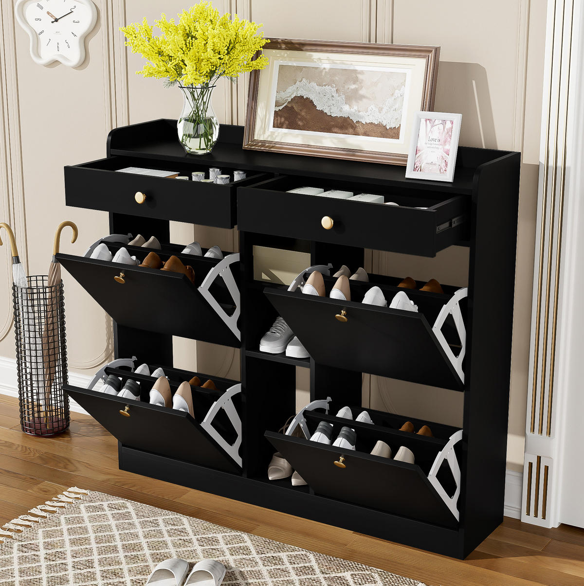 SCHUHSCHRANK 110/26/100 cm in Schwarz mit 4 Klappen und 2 Schubladen - Schwarz, Holzwerkstoff (110/100/26cm) - BEAOK