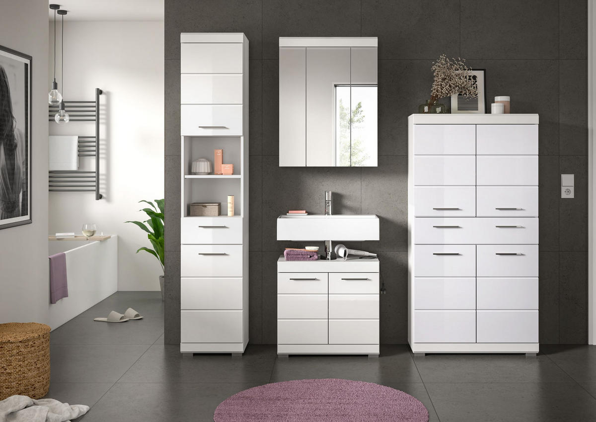 BADKOMBINATION 4tlg. Scout Bad in weiß Nachbildung und weiß hochglanz B/H/T: 186x191x34 cm - Weiß, Holz (186/191/34cm)