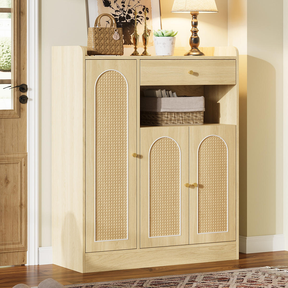 SCHUHSCHRANK Holzoptik 90 cm mit Rattanfront, 3 Türen und Schublade für Flur - Naturfarben, Holz (90/110/35cm) - PARAFTA HOME