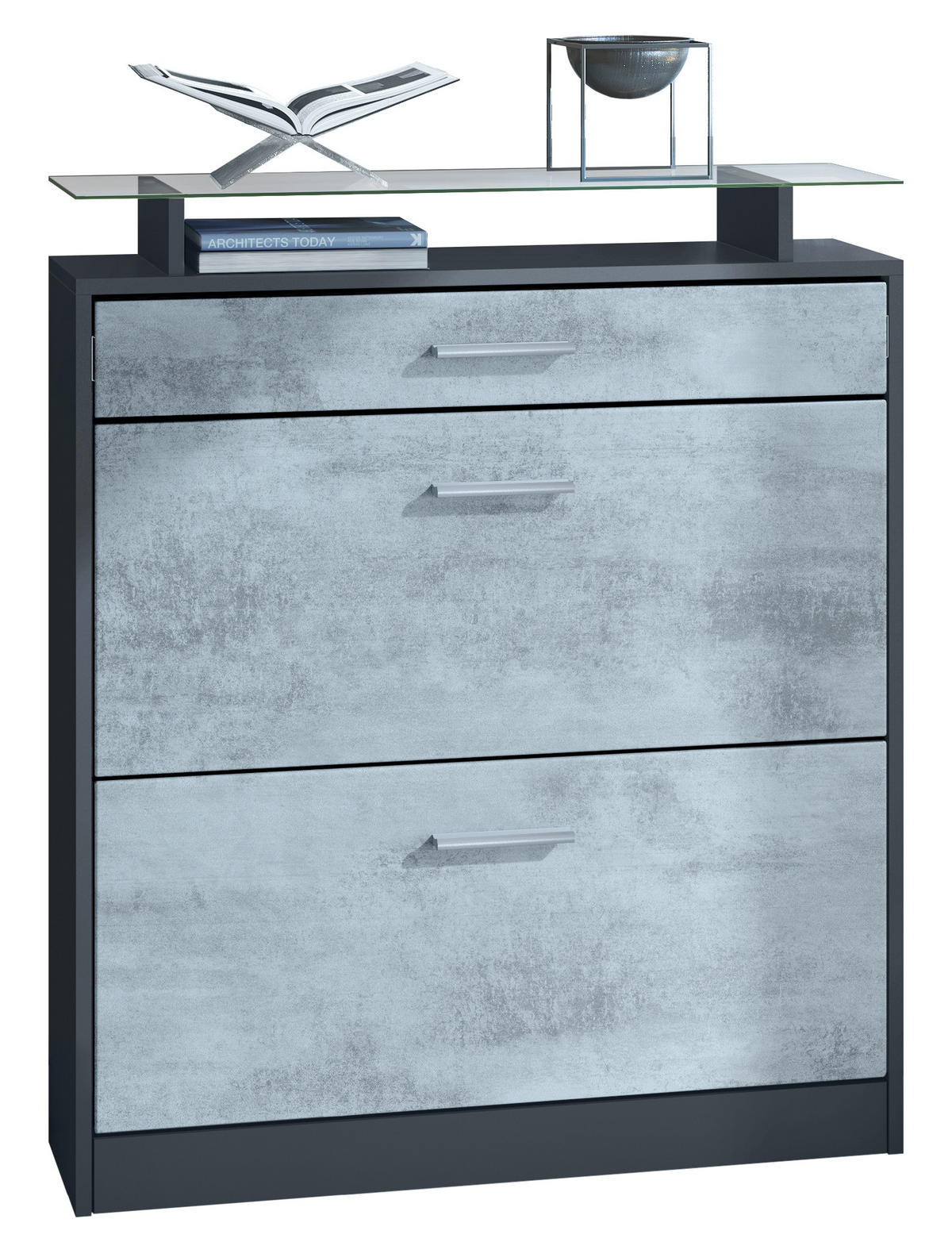 SCHUHSCHRANK Loret Fronten in Beton Oxid Optik - Hellgrau, Holzwerkstoff (89/104/23cm) - Vladon