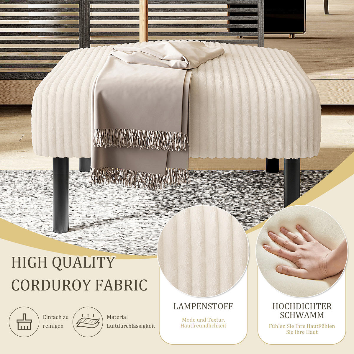 HOCKER Cord Beige - Beige, Textil/Metall (56/39/51cm) - WISHDOR