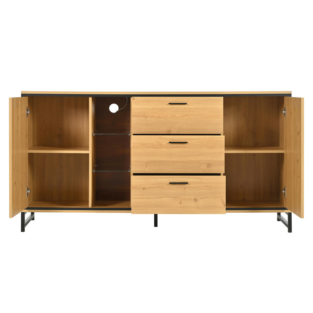 SIDEBOARD 160/40/85 cm in Holzfarbe aus Spanplatte mit 3 Schubladen und LED-Beleuchtung - Schwarz/Naturfarben, Glas/Holzwerkstoff (160/85/40cm) - CHICFURN