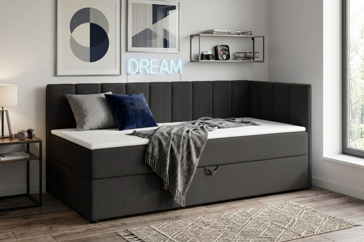 BOXBETT VIGO 90/200 cm in Cord/Velours Anthrazit H4 rechts - Anthrazit, Holz/Holzwerkstoff (90/200cm) - Deine Möbel 24