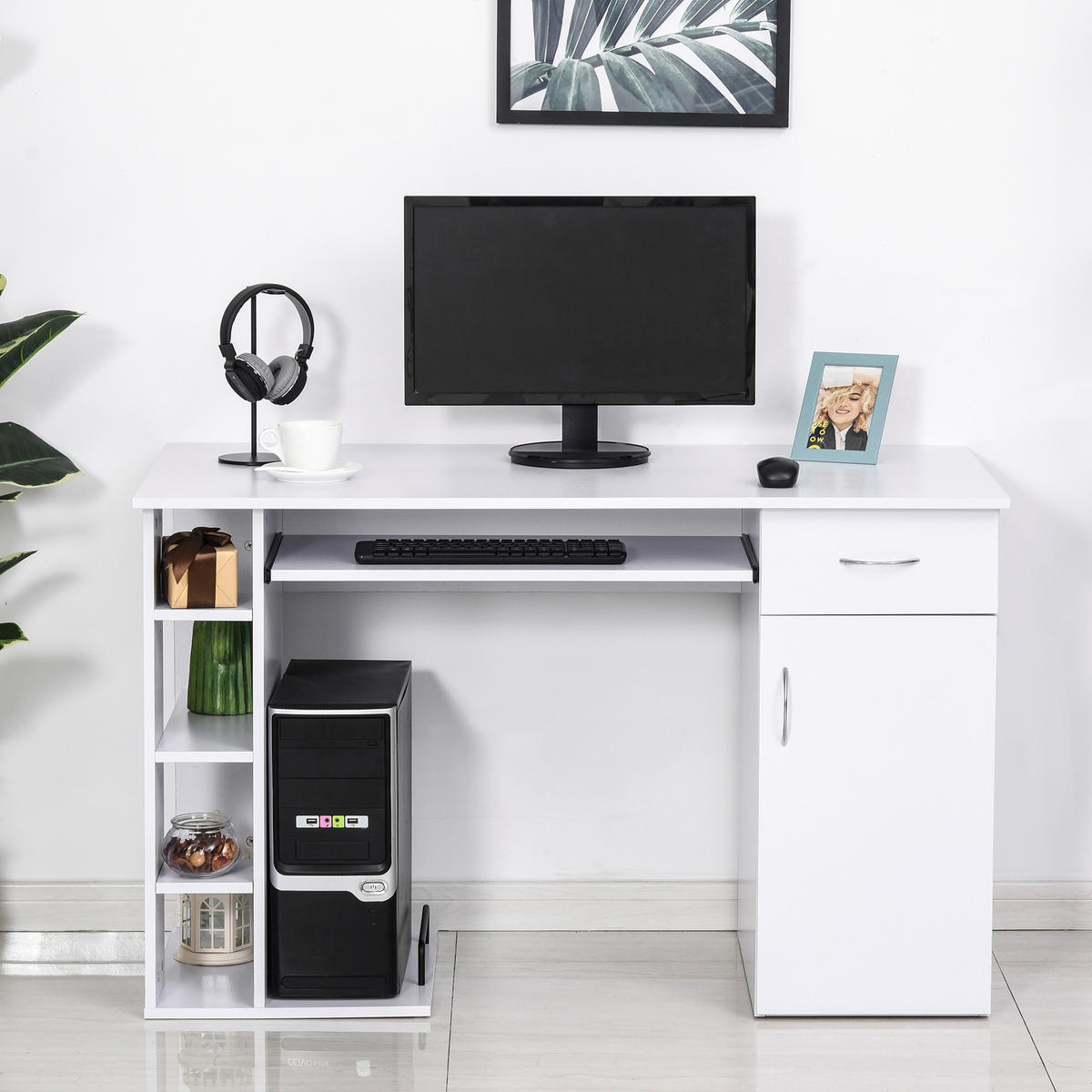 SCHREIBTISCH Weiß mit Tastaturauszug Schublade Schrank und Ablagen 120/60/74 cm - Weiß, Holzwerkstoff (60/120/74cm) - PANGIVO