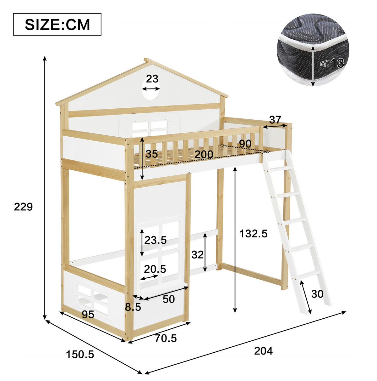 ETAGENBETT aus Kiefer und MDF 90x200 cm Weiß/Natur mit Treppe, Fallschutz und Hausdesign - Weiß, Holzwerkstoff (90/200cm) - IVMEU