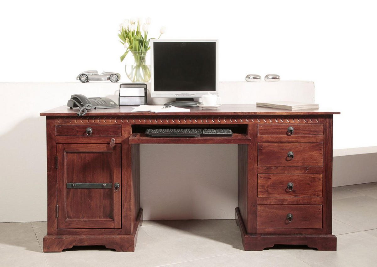 SCHREIBTISCH Akazie 158x54x76 nougat lackiert OXFORD #522 - Dunkelbraun, Holz (54/158/76cm) - Massivmoebel24