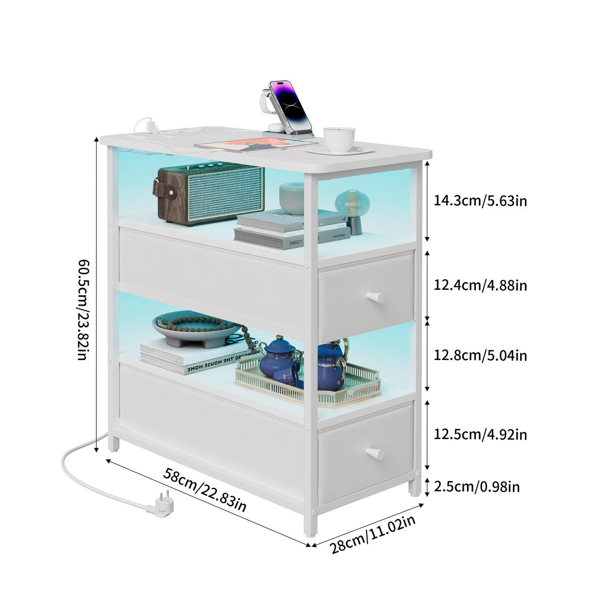 NACHTTISCH LED USB 2 Schubladen 2 Fächer weiß - Weiß, Holz (58/28/60.5cm) - LEBENLANG